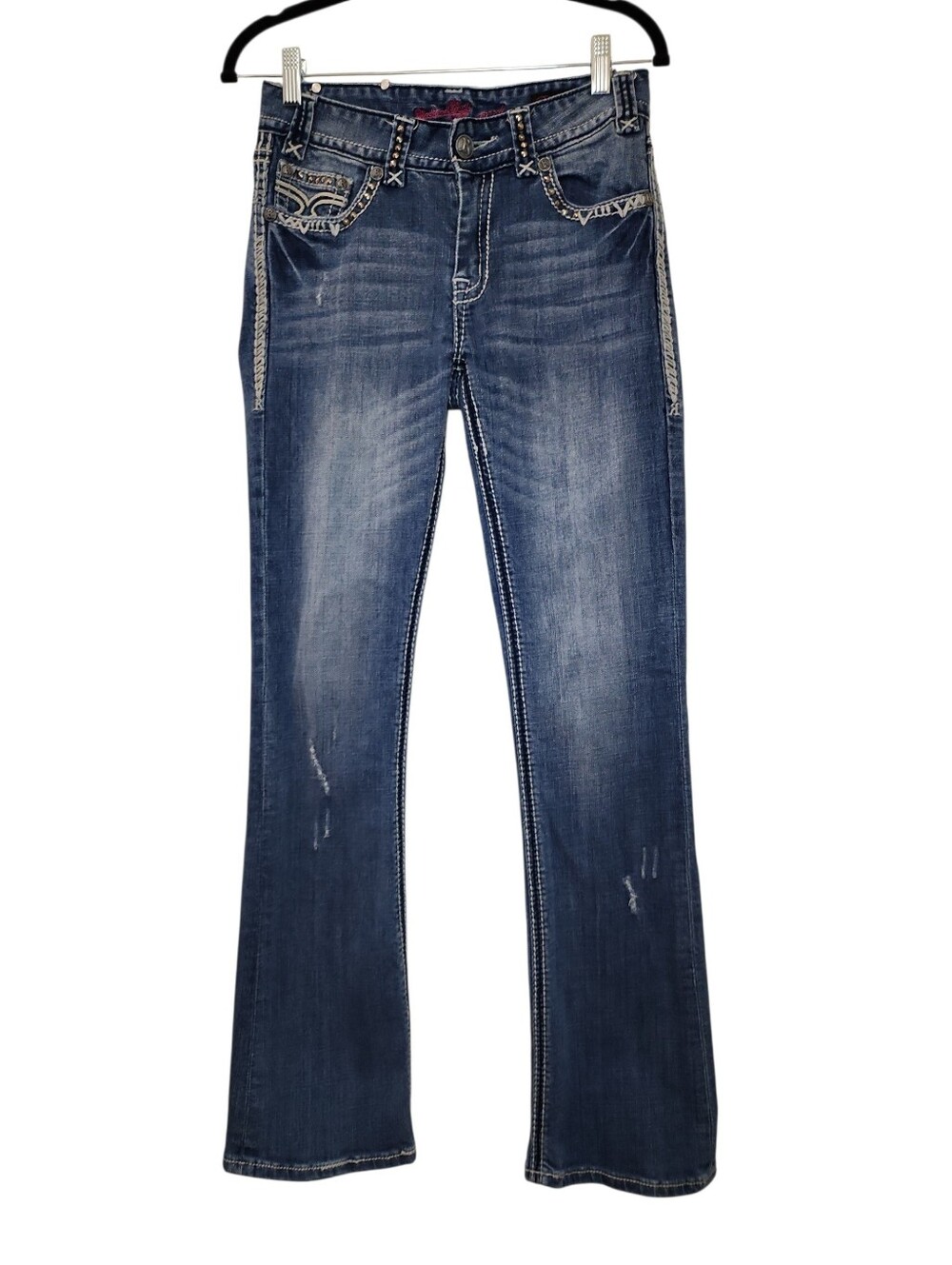 Rock & Roll Cowgirl Y2K Women's Dark Blue Studded Bootcut Jeans Size 27 - Picture 6 of 16